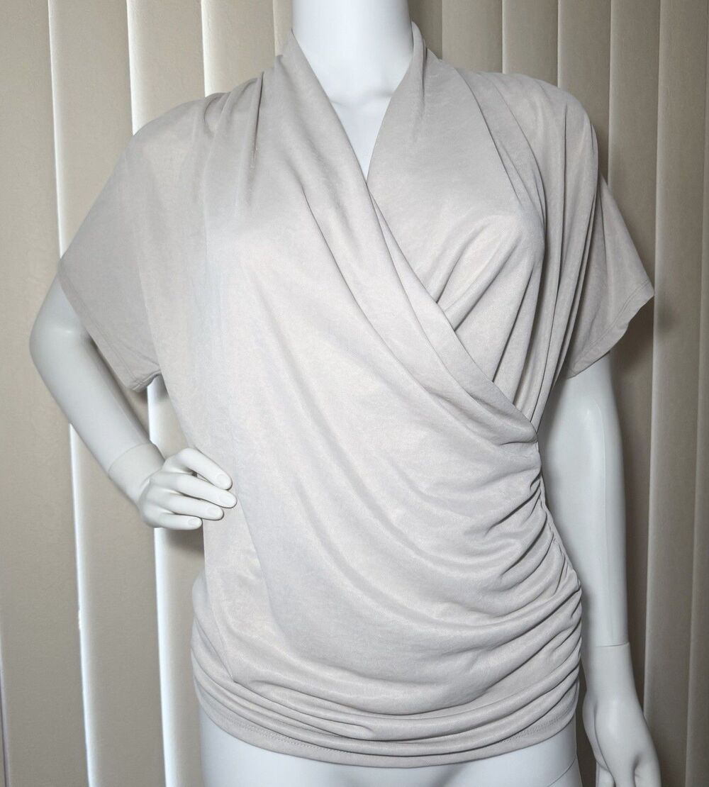 Cherish Women’s Small Taupe Faux Wrap Top Dolman Sleeve Ruched NWT